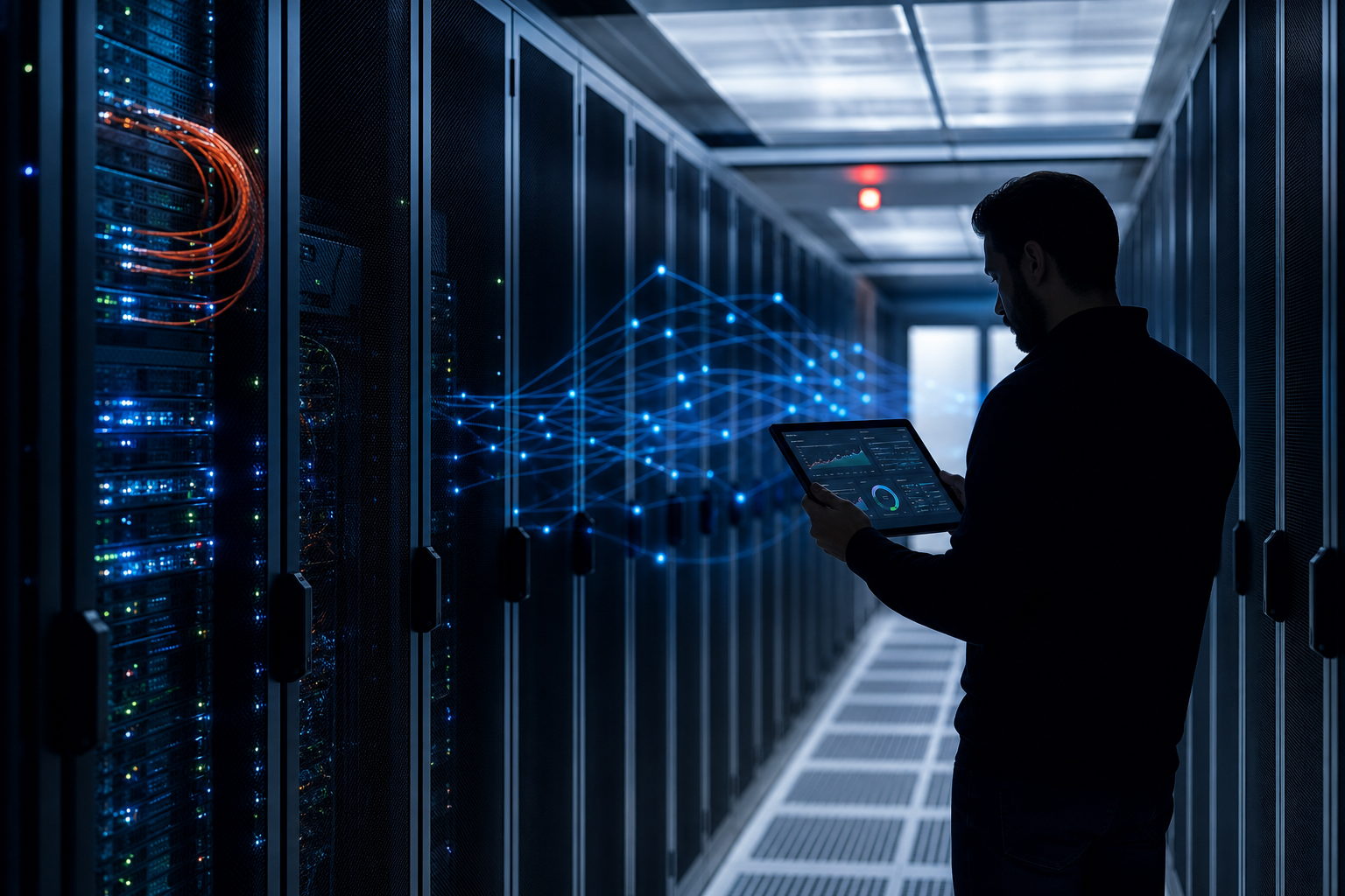 Infraestrutura digital com servidores e painéis de segurança